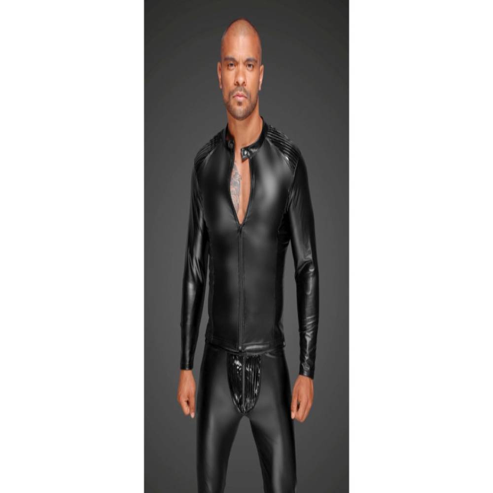 Noir Handmade Power Wetlook Mens Jacket With Pleated PVC Epaulets His Fetish