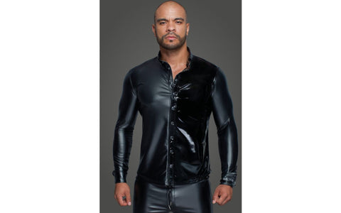 Noir Handmade Powerwetlook PVC Long Sleeved Mens Shirt With Button Placket - His Fetish