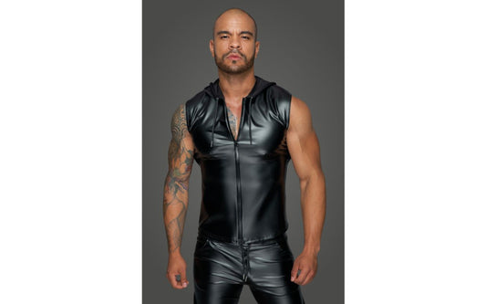 Noir Handmade Powerwetlook Sleeveless Hooded Mens Shirt with 2 Way Zipper - His Fetish