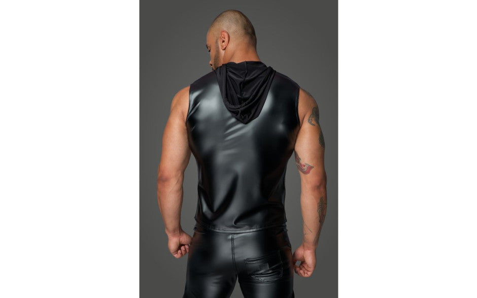 Noir Handmade Powerwetlook Sleeveless Hooded Mens Shirt with 2 Way Zipper His Fetish