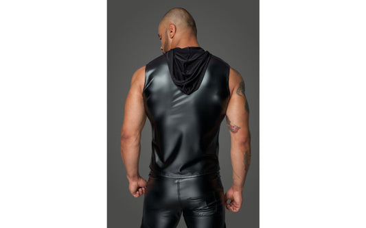 Noir Handmade Powerwetlook Sleeveless Hooded Mens Shirt with 2 Way Zipper - His Fetish