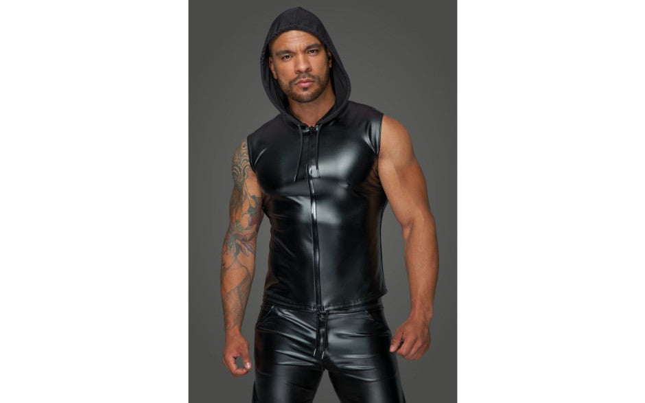 Noir Handmade Powerwetlook Sleeveless Hooded Mens Shirt with 2 Way Zipper His Fetish