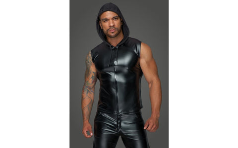 Noir Handmade Powerwetlook Sleeveless Hooded Mens Shirt with 2 Way Zipper - His Fetish
