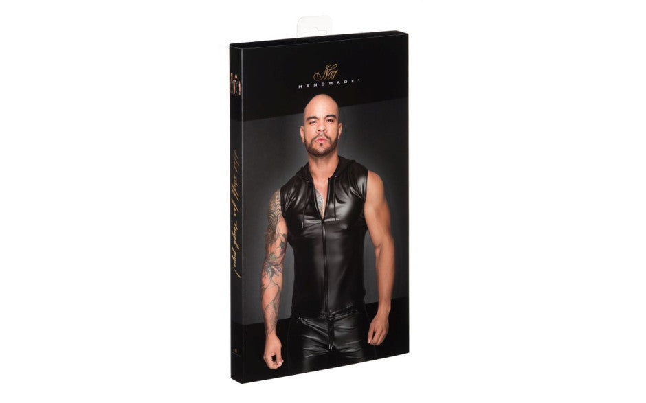 Noir Handmade Powerwetlook Sleeveless Hooded Mens Shirt with 2 Way Zipper His Fetish