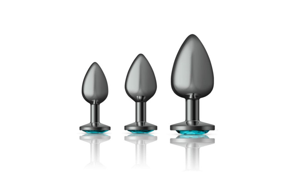 Cheeky Charms Round Metal Butt Plug Gunmetal Kit With Teal Jewel 3 Piece Butt Plugs