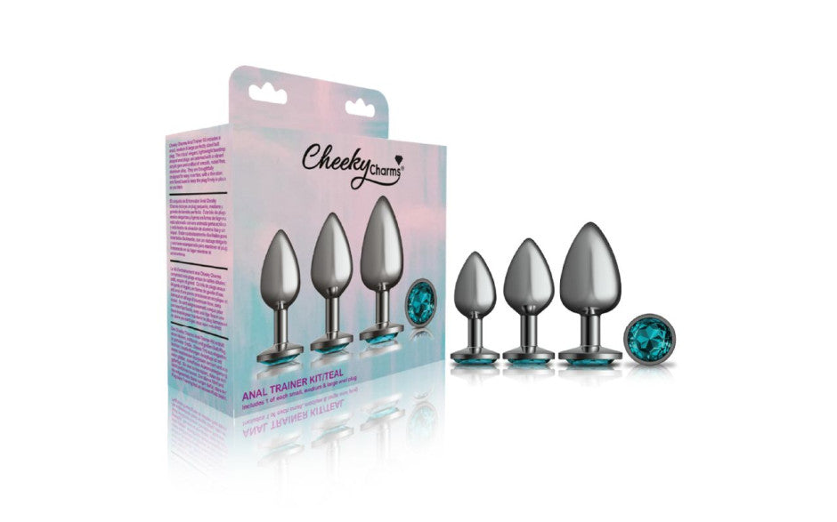 Cheeky Charms Round Metal Butt Plug Gunmetal Kit With Teal Jewel 3 Piece Butt Plugs