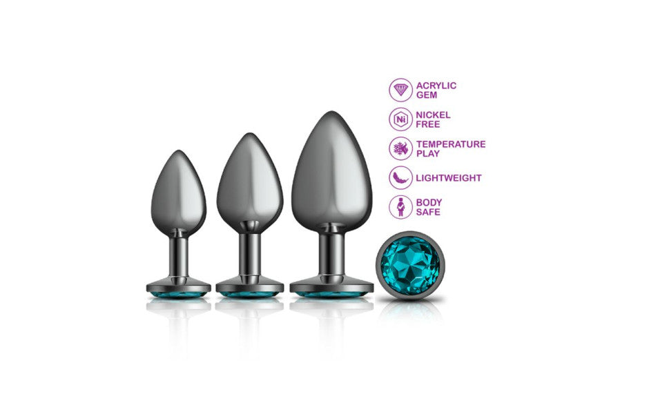 Cheeky Charms Round Metal Butt Plug Gunmetal Kit With Teal Jewel 3 Piece Butt Plugs