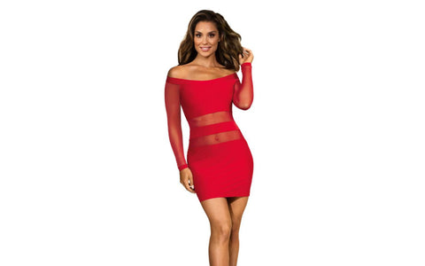 Axami Lingerie Off The Shoulder Mesh Panel Women Sexy Dress Red - Skirts And Club Wear