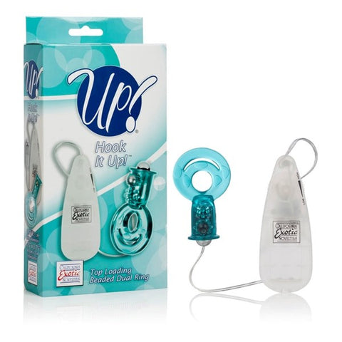 Up! Hook It Up Top Loading Beaded Dual Cock Ring Teal - Cock Rings