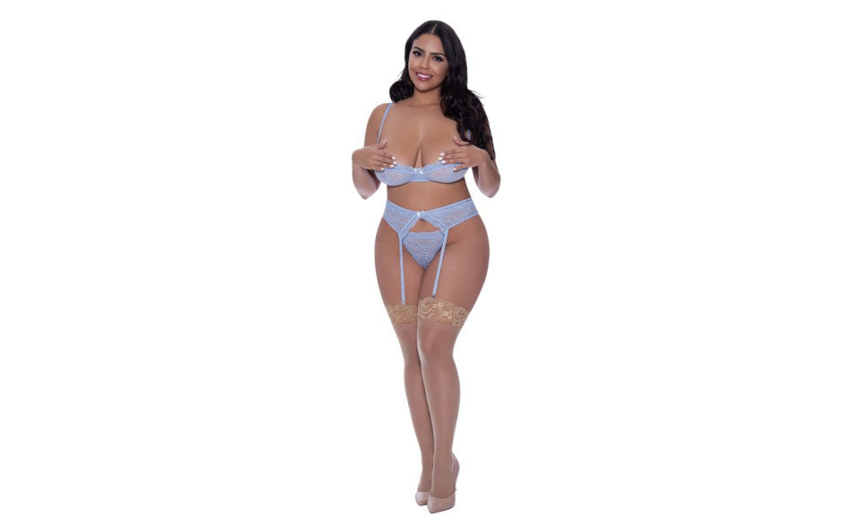 Exposed Lingerie Demi Bra Garter and Thong Set Blue Bras and Bra Sets