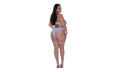 Exposed Lingerie Demi Bra Garter and Thong Set Blue - Bras and Bra Sets