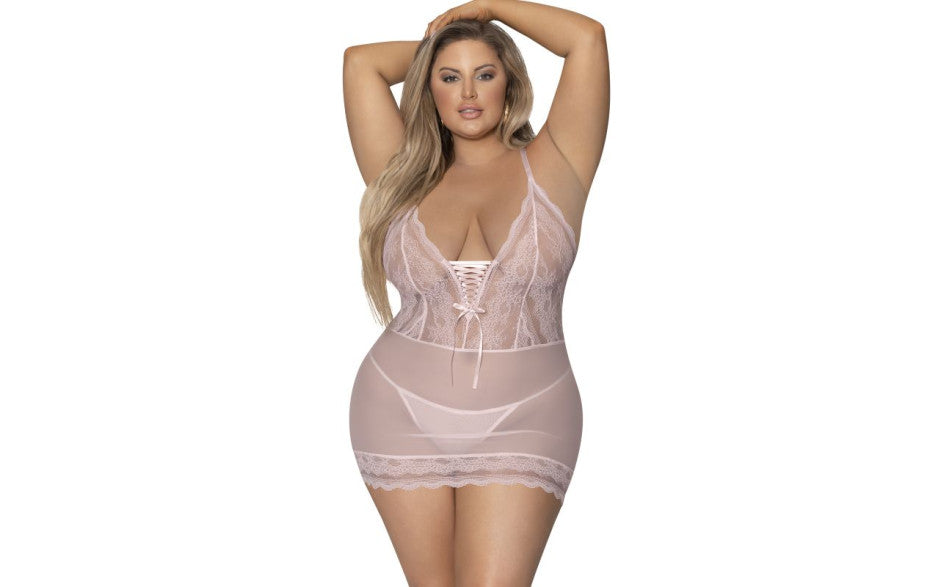 Exposed Lingerie Womens Lace Chemise and G-String Blush BabyDolls And Chemises