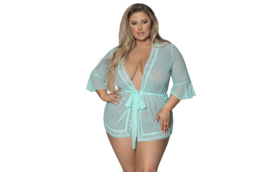 Exposed Lingerie Womens Robe with Lace Trim Turquoise Kimono's and Gowns