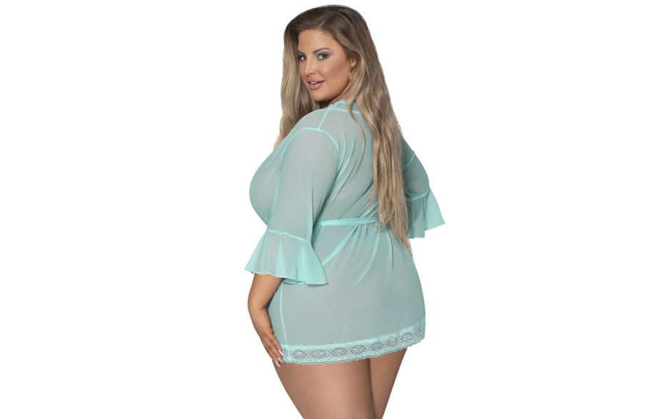 Exposed Lingerie Womens Robe with Lace Trim Turquoise Kimono's and Gowns