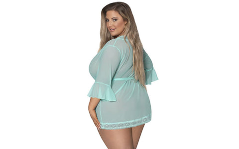 Exposed Lingerie Womens Robe with Lace Trim Turquoise - Kimono's and Gowns