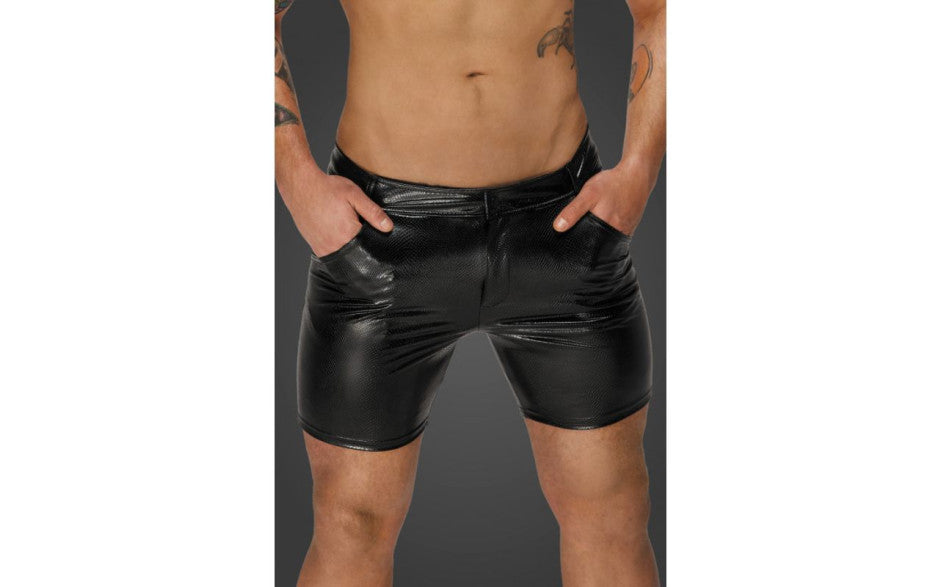 Noir Handmade Snake Wetlook Mid Length Mens Shorts with Back Pockets His Fetish