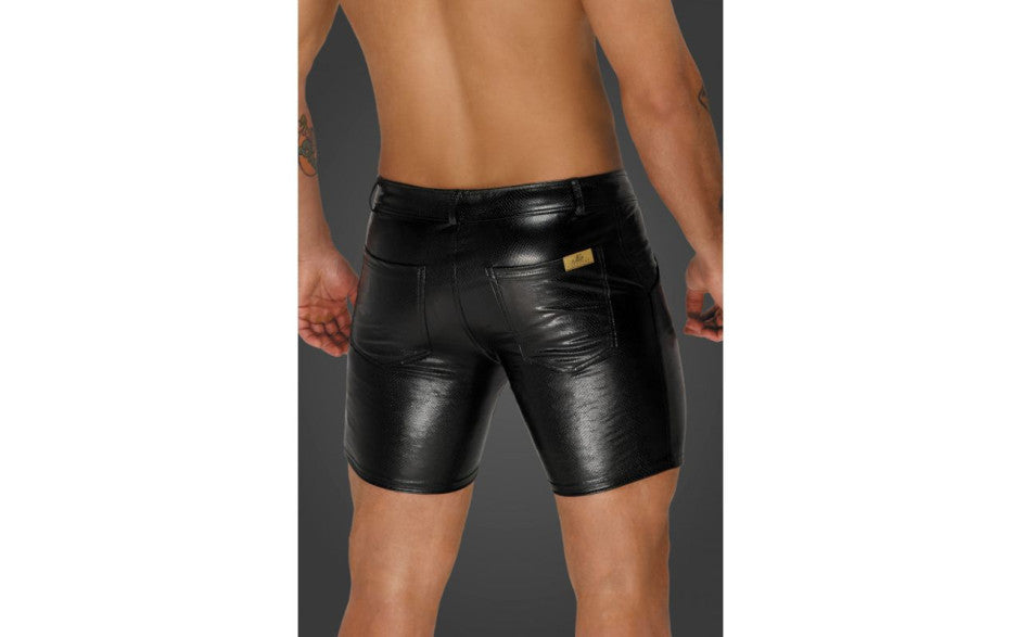 Noir Handmade Snake Wetlook Mid Length Mens Shorts with Back Pockets His Fetish