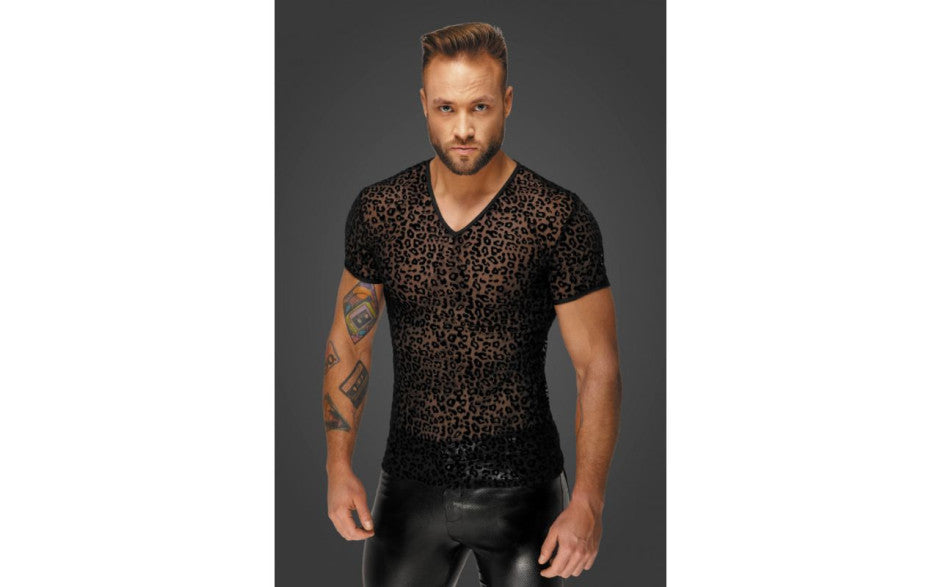 Noir Handmade Leopard Flock V-Neck Fetish Wear Mens T-Shirt His Fetish