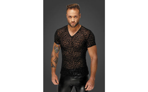 Noir Handmade Leopard Flock V-Neck Fetish Wear Mens T-Shirt - His Fetish