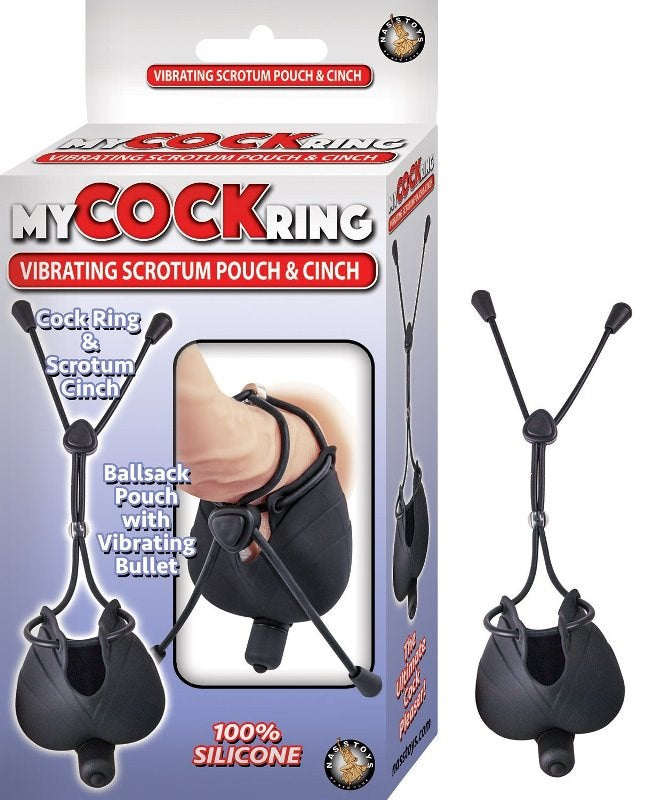 Vibrating Scrotum Pouch with Cinch Stretchy Cock Rings