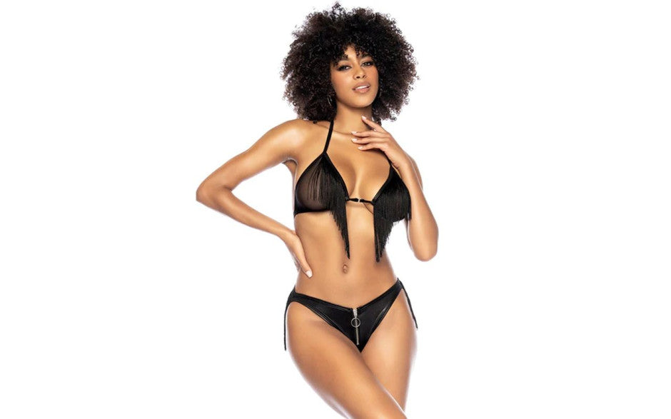 Mapale Fringe Halter 2 Piece Bra and Panty Set Black Bras and Bra Sets