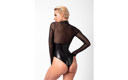 Noir Handmade Edge Wetlook and Mesh Bodysuit With Rings Black Her Fetish