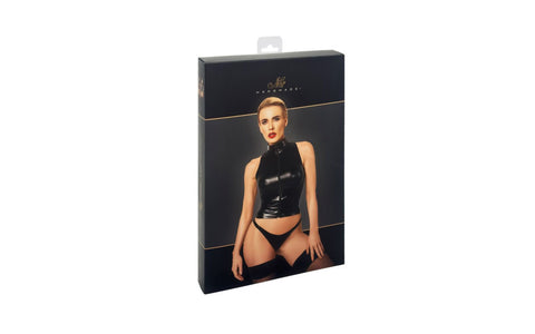 Noir Handmade Glam Wetlook Womens Top With Vinyl Corset Black - Her Fetish