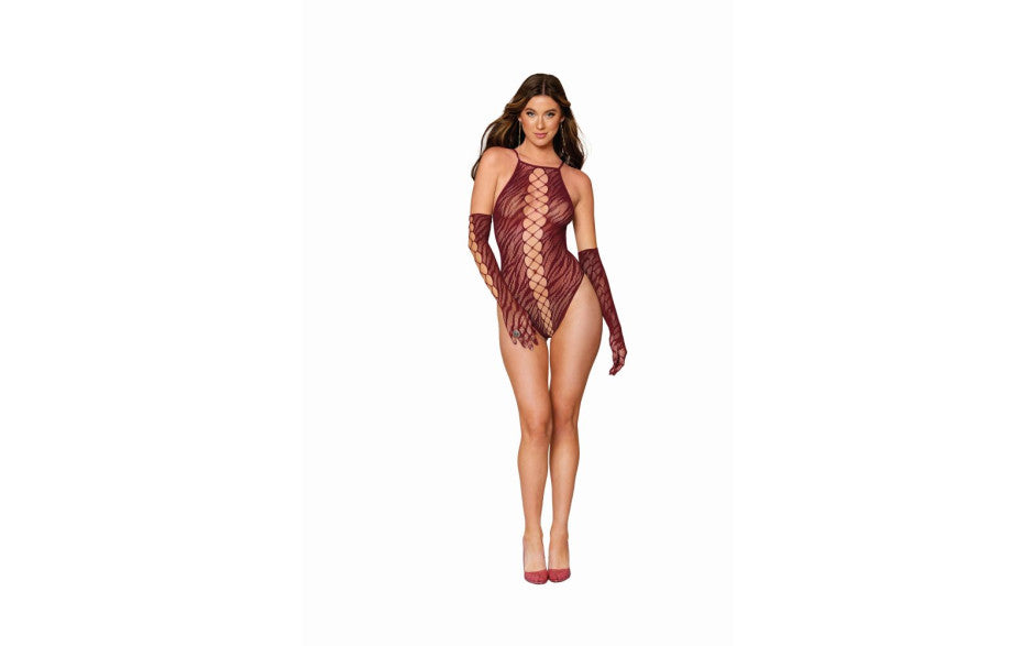 Dreamgirl Womens Teddy With Gloves Burgundy Teddies and Bodysuits