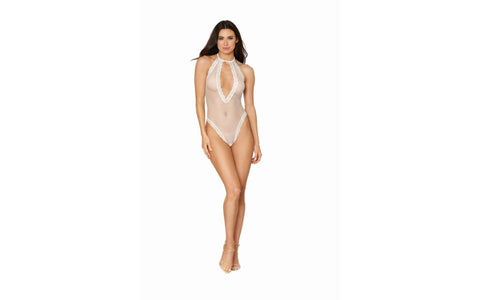 Dreamgirl Lingerie Fishnet Halter Teddy With Stretch Lace Edge Trims White - Teddies and Bodysuits