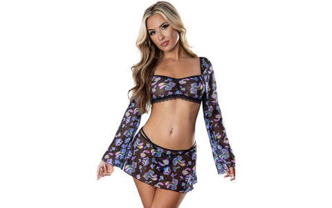 Exposed Lingerie Womens Mushroom Crop Top Skirt and G-String Set - Skirts And Club Wear