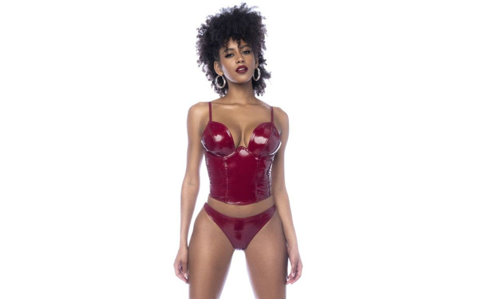 Mapale 2 Piece Wet Look Vinyl Bodysuit Set Gloss Wine Her Fetish