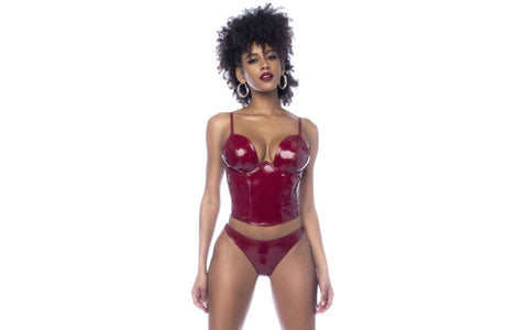 Mapale 2 Piece Wet Look Vinyl Bodysuit Set Gloss Wine - Her Fetish