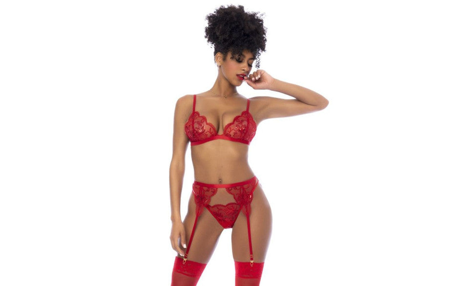 Mapale 3 Piece Bralette, Garter Belt and Thong Set Red Bras and Bra Sets