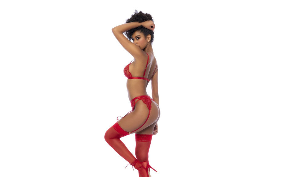 Mapale 3 Piece Bralette, Garter Belt and Thong Set Red Bras and Bra Sets