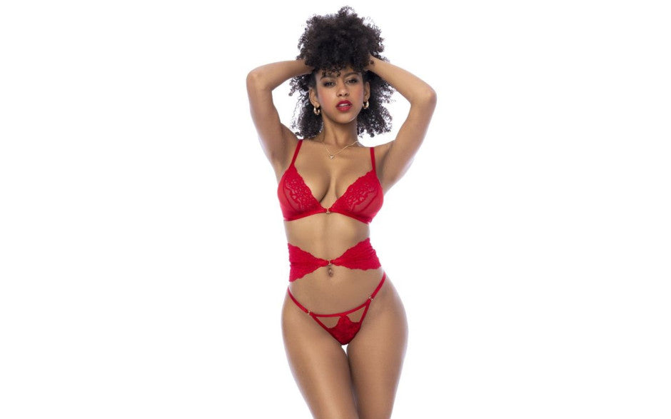 Mapale 3 Piece Bra, Panties and Flexible Corset Set Red Bras and Bra Sets