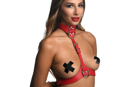 Strict Vegan Leather Female Chest Harness Red - Cuffs And Restraints
