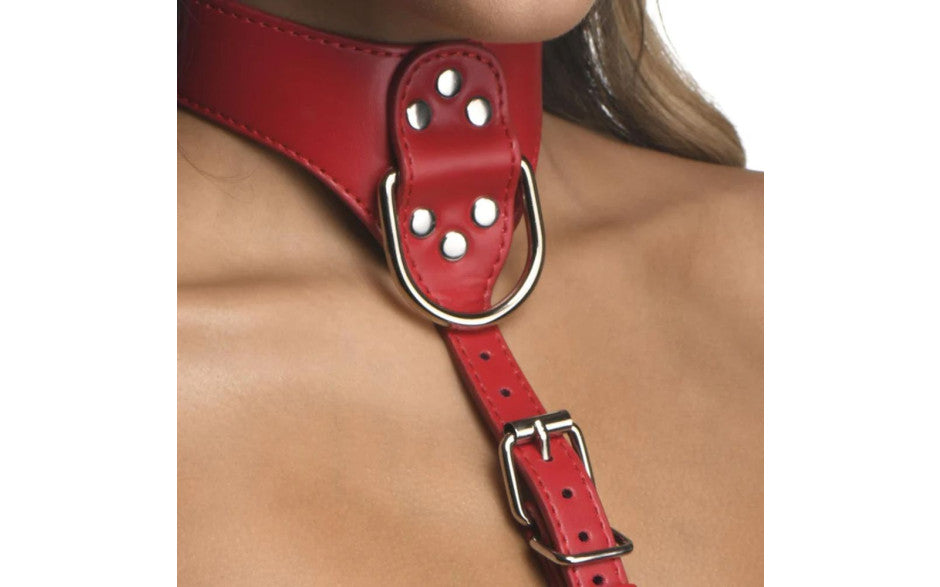 Strict Vegan Leather Female Chest Harness Red Cuffs And Restraints