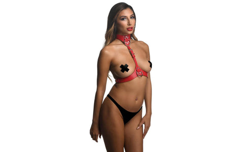 Strict Vegan Leather Female Chest Harness Red - Cuffs And Restraints