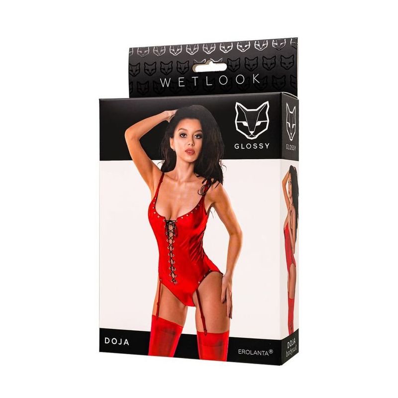 Glossy Doja Sexy Womens Bodysuit With Garter Strap Red Teddies and Bodysuits