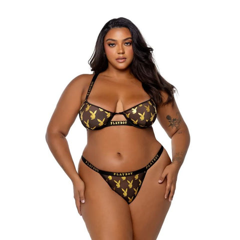 Playboy Foiled Bunny 2 Piece Bra and Panty Set Gold/Black - Bras and Bra Sets