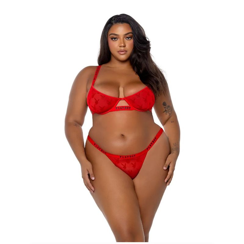 Playboy Rouge Bunny 2 Piece Bra and Panty Set Red Flock Bras and Bra Sets