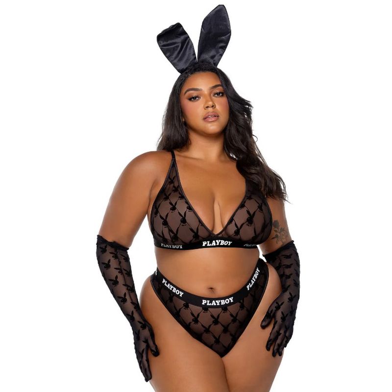 Playboy Flocked Bunny 2 Piece Lingerie Set Black Bras and Bra Sets