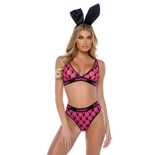 Playboy Flocked Bunny 2 Piece Sexy Lingerie Set Pink - Bras and Bra Sets