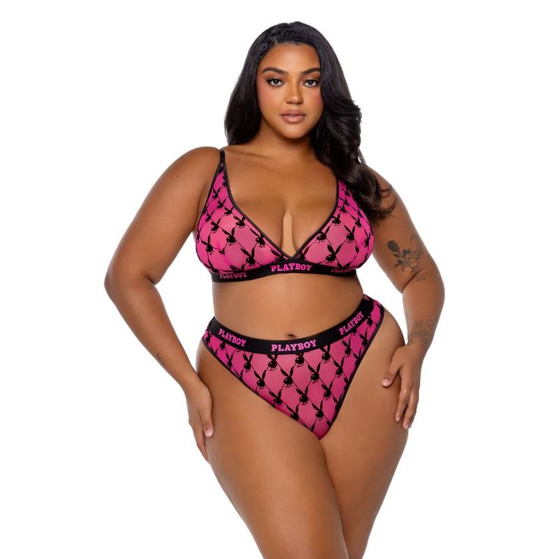 Playboy Flocked Bunny 2 Piece Sexy Lingerie Set Pink Bras and Bra Sets