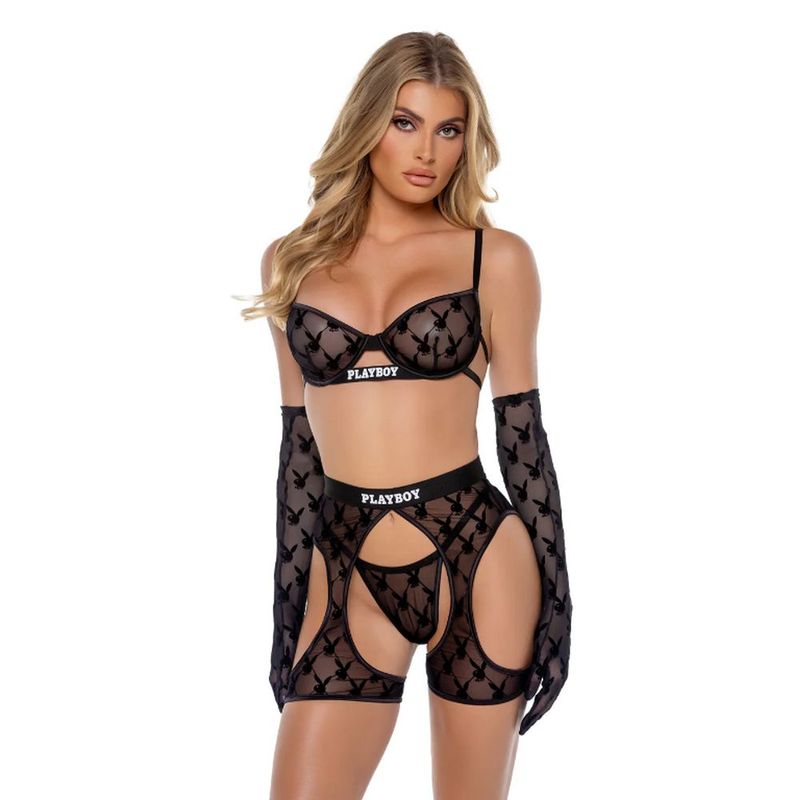 Playboy Flocked Bunny Chaps 3 Piece Lingerie Set Black Bras and Bra Sets