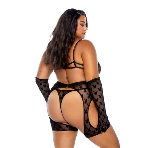Playboy Flocked Bunny Chaps 3 Piece Lingerie Set Black - Bras and Bra Sets