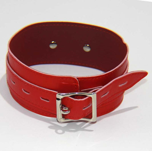 BDStyle Faux Leather Collar Adjustable Red Thick - Collars and Leads