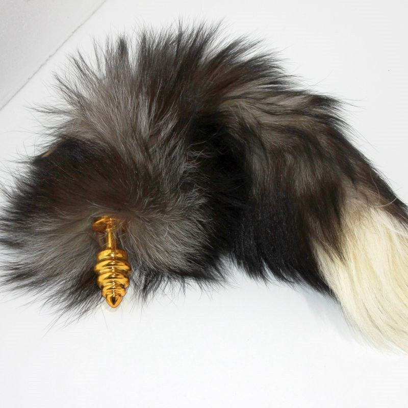 Gray & White Faux Fox Tail & Metal Butt Plug Steel Sex Toys