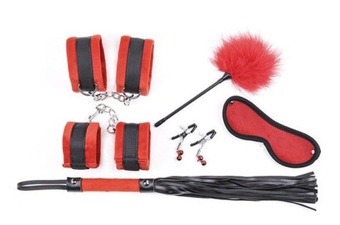 Black and Red Plushy 6 piece Bondage Kit - Bondage Kits
