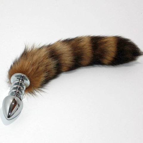 Brown Faux Fox Tail Ribbed Silver Butt Plug - Steel Sex Toys